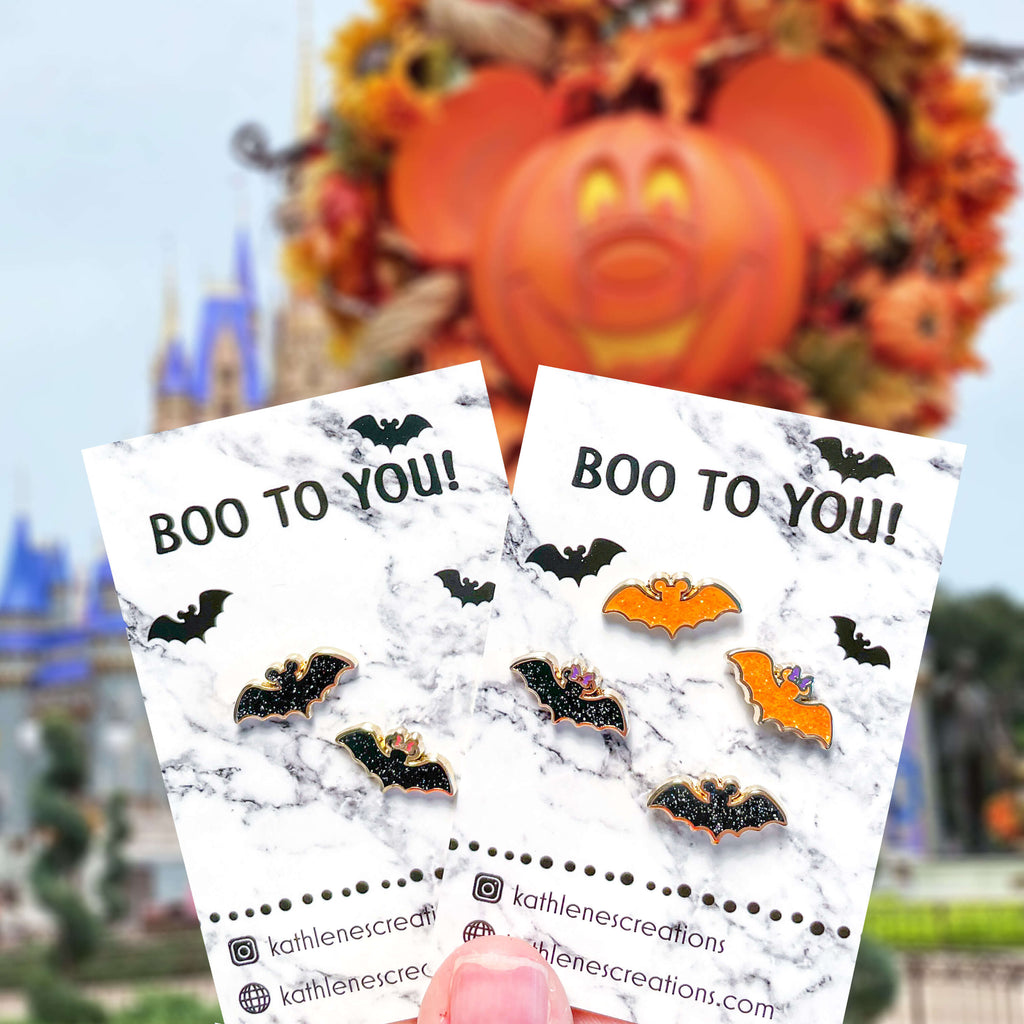 Boo to You Glitter Bat Earrings and Pins